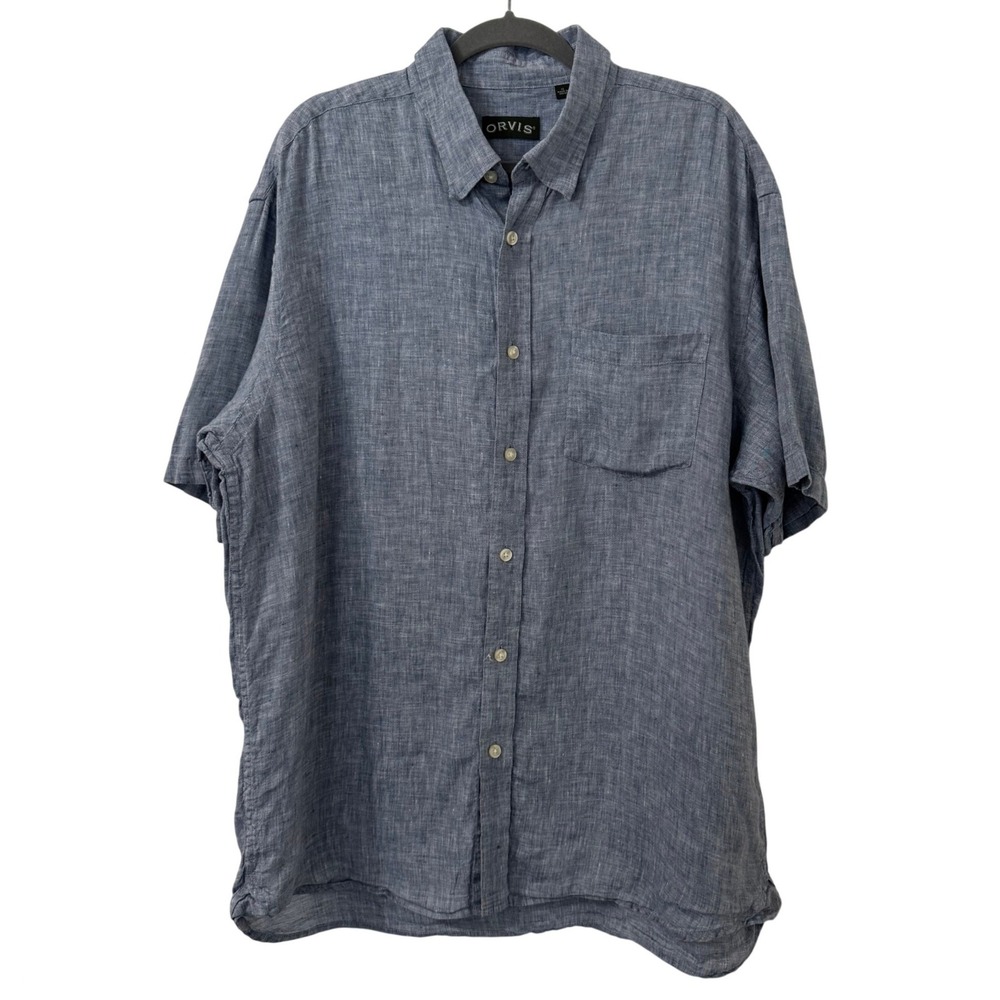 Orvis 100% Linen Short Sleeve Button Up Shirt Mens XL Blue Coastal Vacation